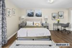 Master bedroom in basement floor, presents a queen-sized, memory foam mattress 
